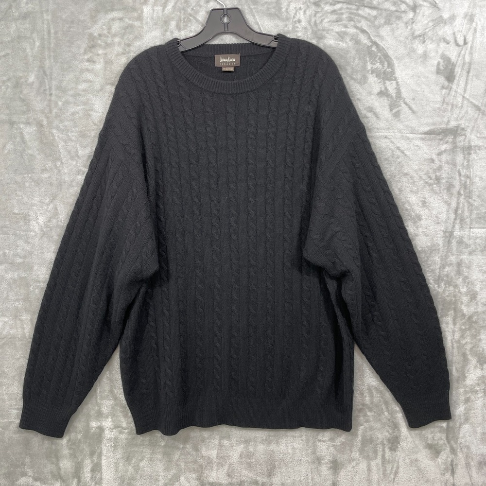 Vintage Neiman Marcus 100% Cashmere Cable Knit Sweater Mens XXL Black Crewneck